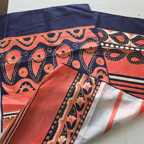 Jean Muratel Silk Oblong Scarf 15x59  Coral Navy Paisley Vintage Designer - Picture 5 of 5